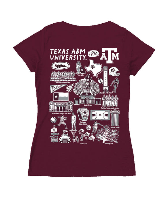Texas A&M Aggies Hand Sketched Vive La Fete Impressions Artwork Maroon Women Cotton Short Sleeve V-Neck Tshirt