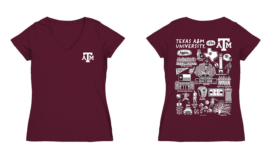 Texas A&M Aggies Hand Sketched Vive La Fete Impressions Artwork Maroon Women Cotton Short Sleeve V-Neck Tshirt