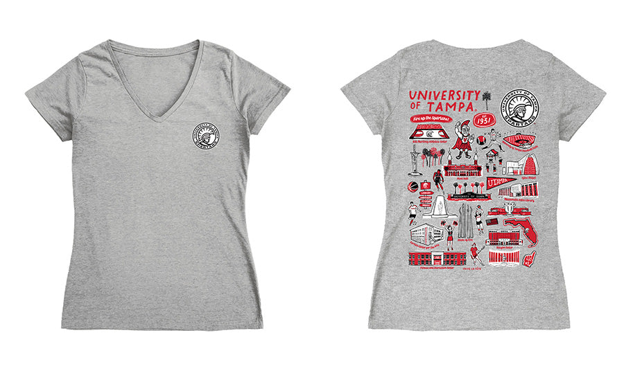 Tampa Spartans Hand Sketched Vive La Fete Impressions Artwork Red Women Cotton Short Sleeve V-Neck Tshirt