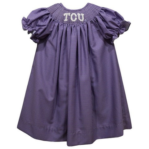 TCU Horned Frogs Smocked Purple Gingham Short Sleeve Bishop