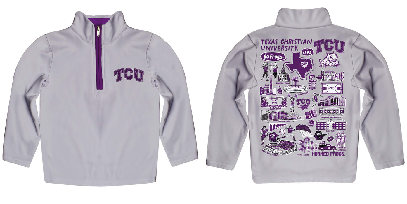 TCU Horned Frogs Hand Sketched Vive La Fete Impressions Artwork Gray Boys Quarter Zip Pullover V1 - Vive La Fête - Online Apparel Store