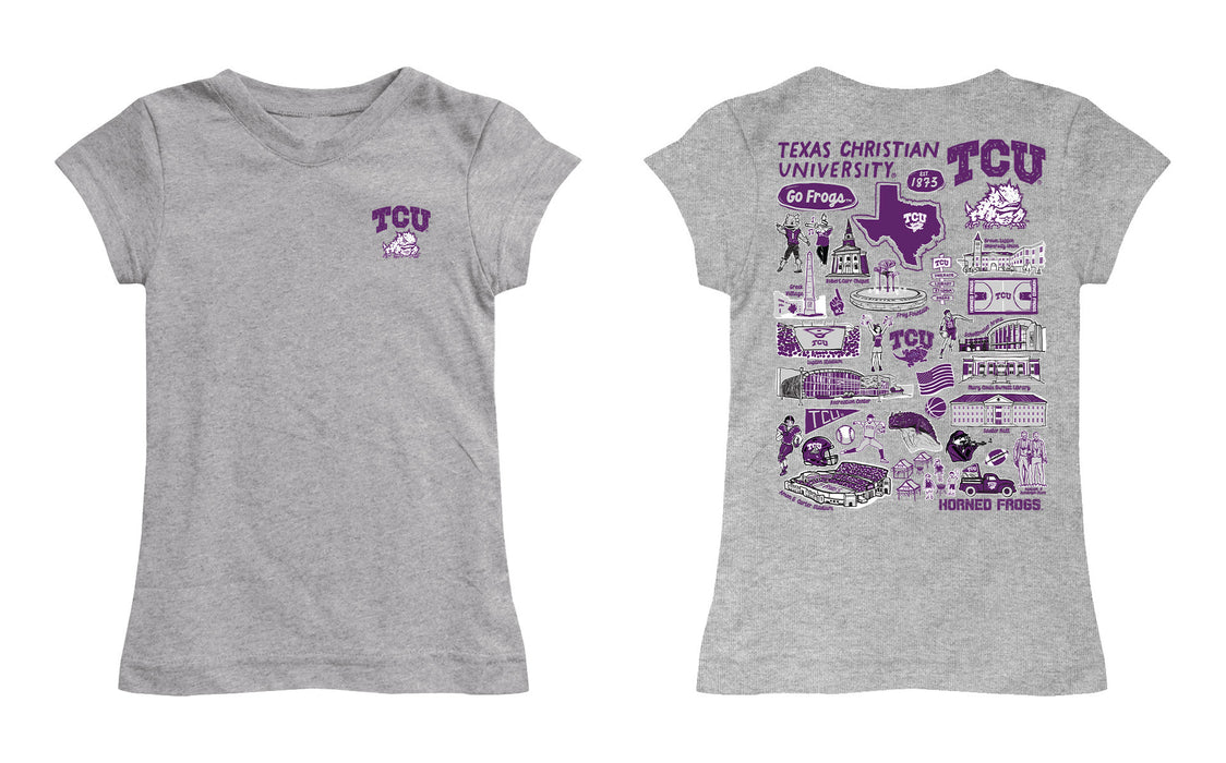 TCU Horned Frogs Hand Sketched Vive La Fete Impressions Artwork Grey Girls Cotton Short Sleeve Tee - Vive La Fête - Online Apparel Store