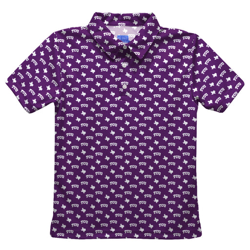 TCU Horned Frogs Vive La Fete All Over Logo Purple Short Sleeve Polo Shirt