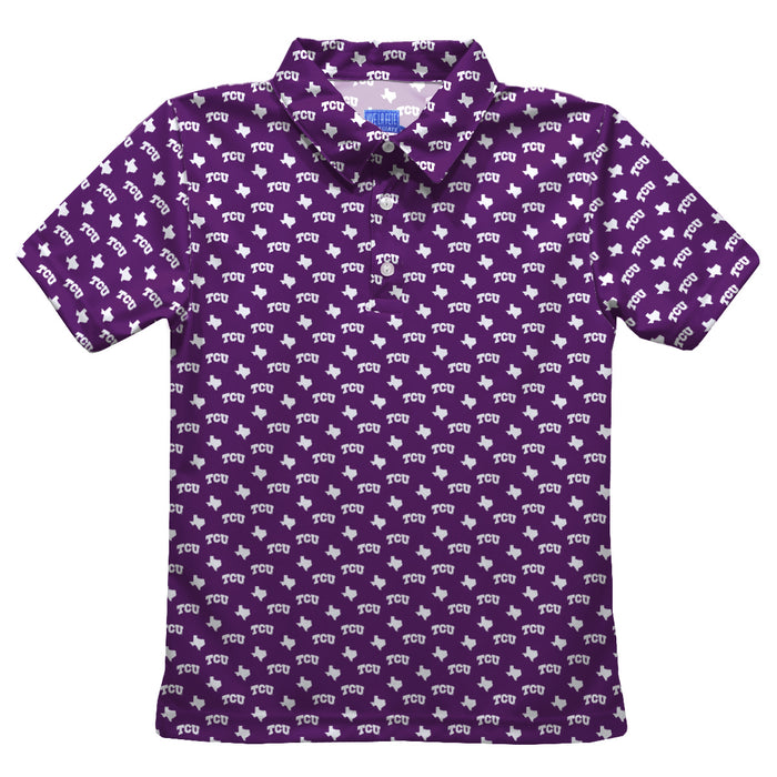 TCU Horned Frogs Vive La Fete All Over Logo Purple Short Sleeve Polo Shirt