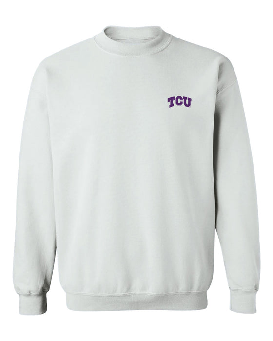 TCU Horned Frogs Hand Sketched Vive La Fete Impressions Artwork White Crew Neck Sweatshirt for Women