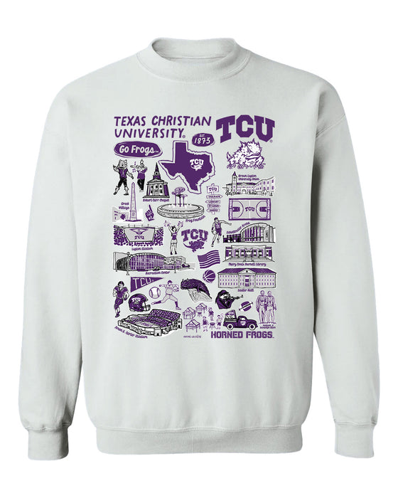 TCU Horned Frogs Hand Sketched Vive La Fete Impressions White Cotton Crewneck Sweatshirt for Women