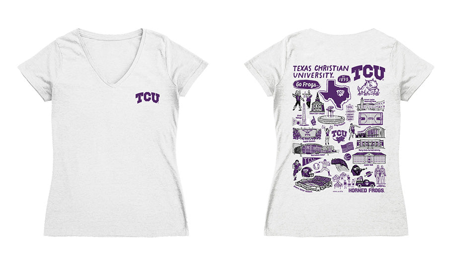 TCU Horned Frogs Hand Sketched Vive La Fete Impressions Artwork Purple Women Cotton Short Sleeve V-Neck Tshirt