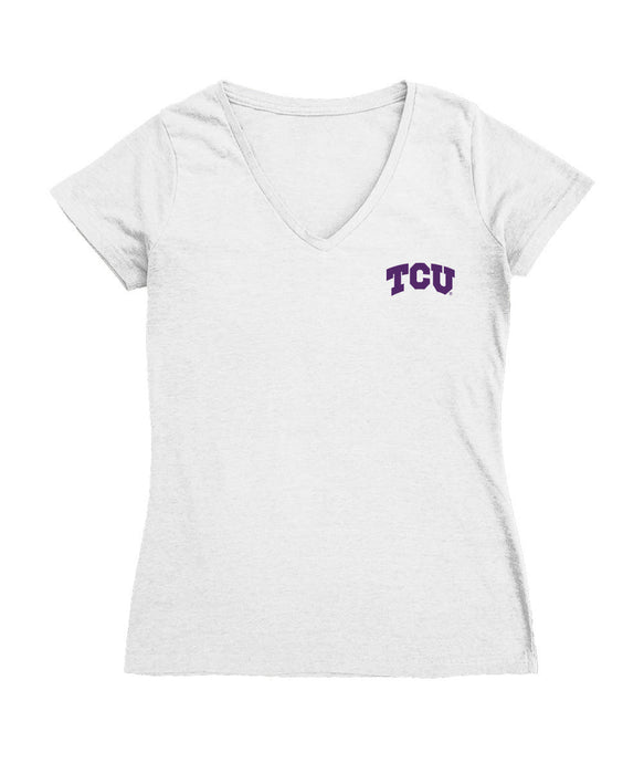 TCU Horned Frogs Hand Sketched Vive La Fete Impressions Artwork White Women Cotton Short Sleeve V-Neck Tshirt
