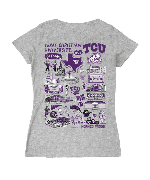 TCU Horned Frogs Hand Sketched Vive La Fete Impressions Artwork Purple Women Cotton Short Sleeve V-Neck Tshirt