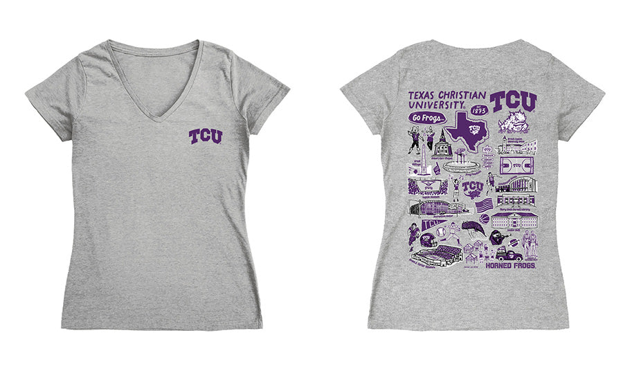 TCU Horned Frogs Hand Sketched Vive La Fete Impressions Artwork Purple Women Cotton Short Sleeve V-Neck Tshirt