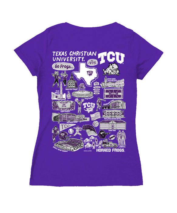 TCU Horned Frogs Hand Sketched Vive La Fete Impressions Artwork Purple Women Cotton Short Sleeve V-Neck Tshirt