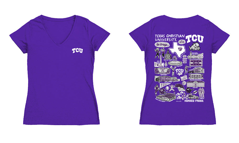 TCU Horned Frogs Hand Sketched Vive La Fete Impressions Artwork Purple Women Cotton Short Sleeve V-Neck Tshirt
