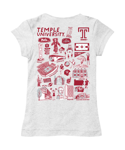 Temple University Owls TU Hand Sketched Vive La Fete Impressions Artwork White Girls Cotton Short Sleeve Tee - Vive La Fête - Online Apparel Store