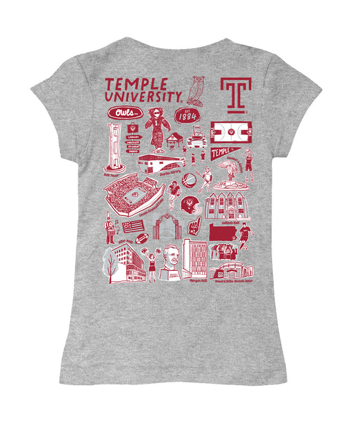 Temple University Owls TU Hand Sketched Vive La Fete Impressions Artwork Grey Girls Cotton Short Sleeve Tee - Vive La Fête - Online Apparel Store