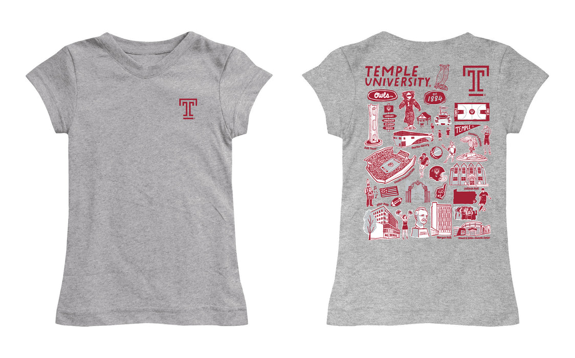 Temple University Owls TU Hand Sketched Vive La Fete Impressions Artwork Grey Girls Cotton Short Sleeve Tee - Vive La Fête - Online Apparel Store
