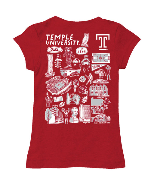 Temple University Owls TU Hand Sketched Vive La Fete Impressions Artwork Red Girls Cotton Short Sleeve Tee - Vive La Fête - Online Apparel Store