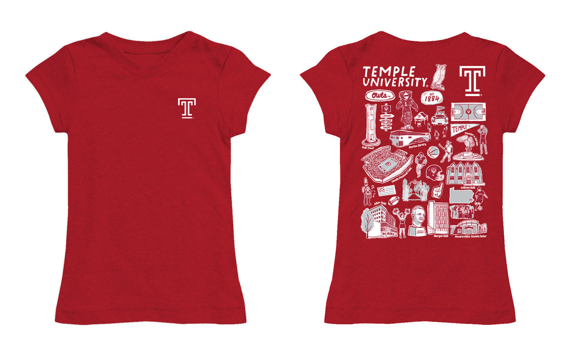 Temple University Owls TU Hand Sketched Vive La Fete Impressions Artwork Red Girls Cotton Short Sleeve Tee - Vive La Fête - Online Apparel Store
