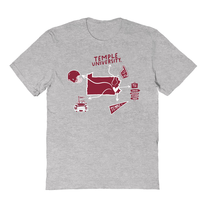 Temple University Owls TU Hand Sketched Vive La Fete Impressions Icones Kids Grey T-shirt