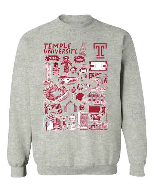 Temple University Owls TU Hand Sketched Vive La Fete Impressions Grey Cotton Crewneck Sweatshirt for Women