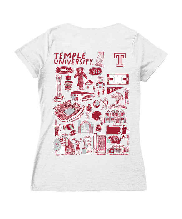 Temple University Owls TU Hand Sketched Vive La Fete Impressions Artwork Red Women Cotton Short Sleeve V-Neck Tshirt