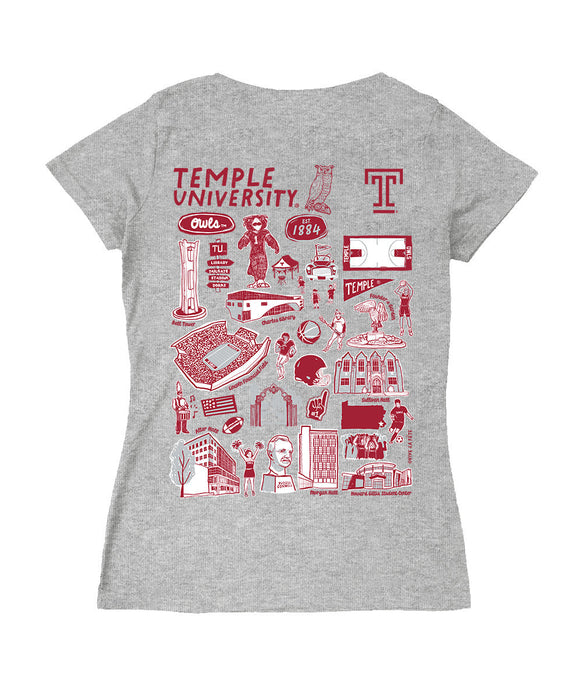 Temple University Owls TU Hand Sketched Vive La Fete Impressions Artwork Red Women Cotton Short Sleeve V-Neck Tshirt