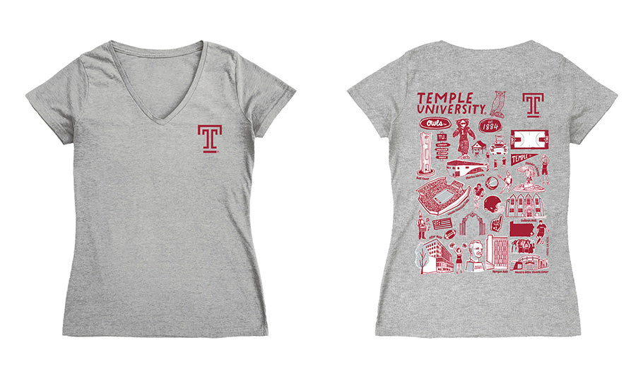 Temple University Owls TU Hand Sketched Vive La Fete Impressions Artwork Red Women Cotton Short Sleeve V-Neck Tshirt