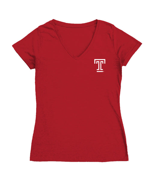 Temple University Owls TU Hand Sketched Vive La Fete Impressions Artwork Red Women Cotton Short Sleeve V-Neck Tshirt