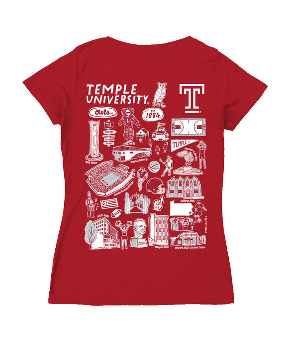 Temple University Owls TU Hand Sketched Vive La Fete Impressions Artwork Red Women Cotton Short Sleeve V-Neck Tshirt