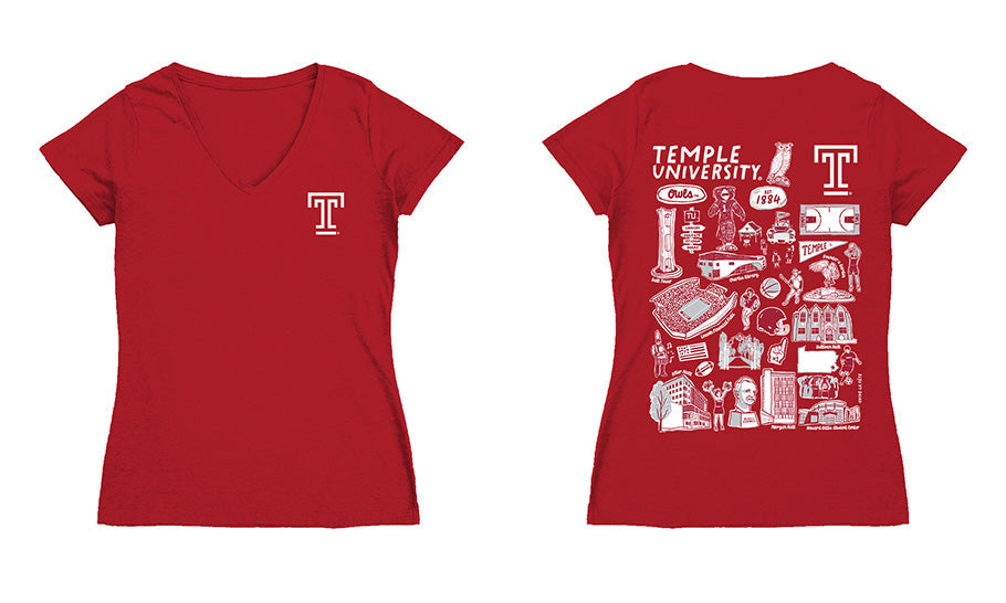 Temple University Owls TU Hand Sketched Vive La Fete Impressions Artwork Red Women Cotton Short Sleeve V-Neck Tshirt