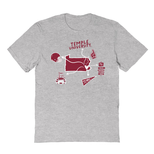 Temple University Owls TU Hand Sketched Vive La Fete Impressions Icones Grey T-shirt for Women