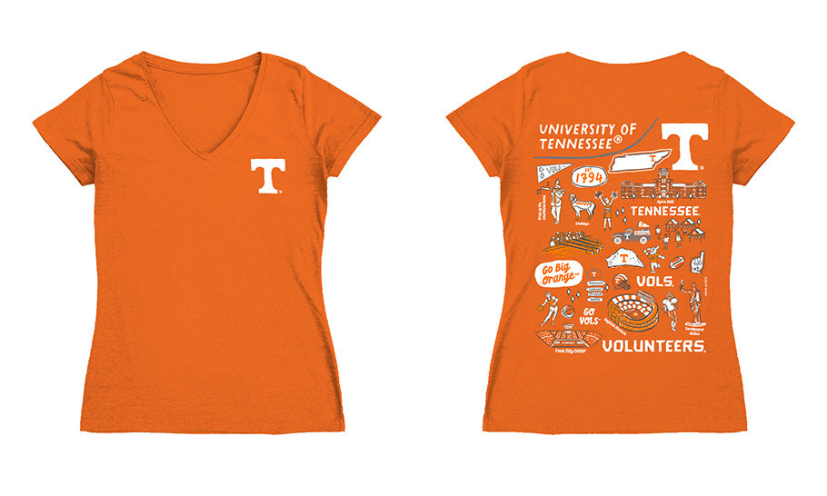Tennessee Vols Hand Sketched Vive La Fete Impressions Artwork Orange Women Cotton Short Sleeve V-Neck Tshirt