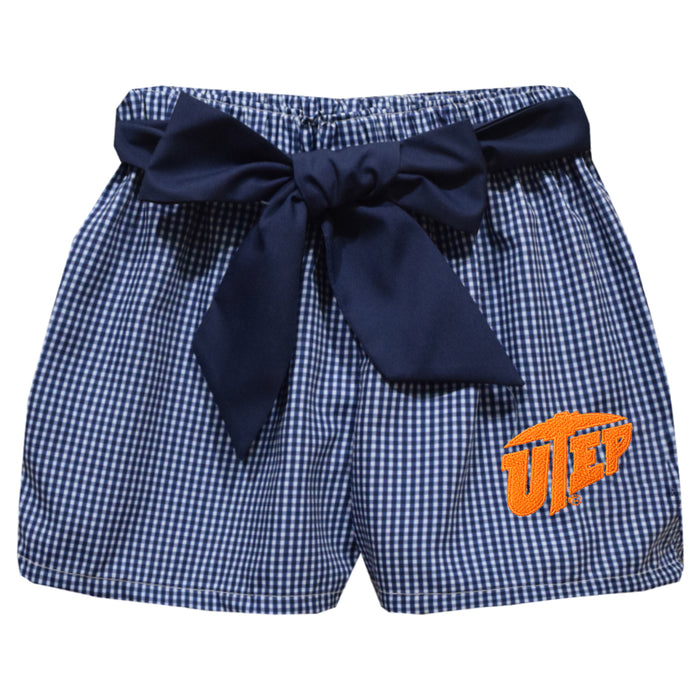 Texas at El Paso Miners Embroidered Navy Gingham Girls Short with Sash