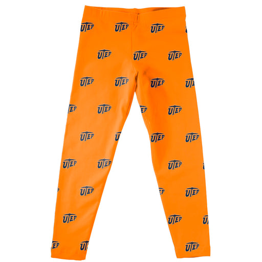 Texas at El Paso Miners Vive La Fete Girls Game Day All Over Logo Elastic Waist Classic Play Orange Leggings Tights