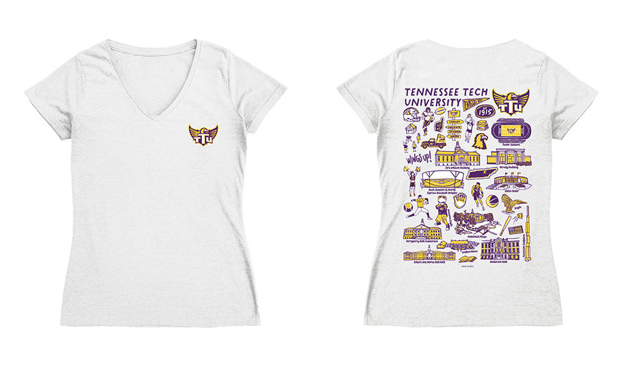 Tennessee Tech Golden Eagles Hand Sketched Vive La Fete Impressions Artwork Purple Women Cotton Short Sleeve V-Neck Tshi