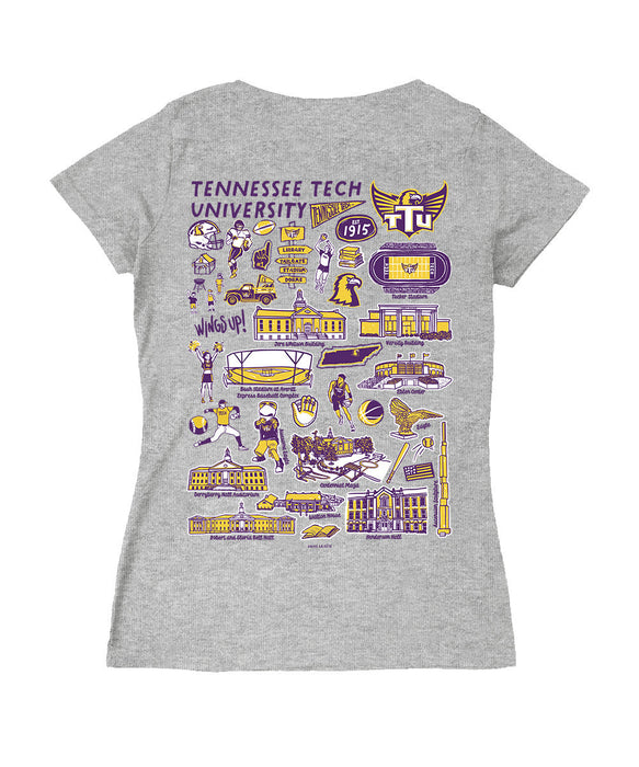 Tennessee Tech Golden Eagles Hand Sketched Vive La Fete Impressions Artwork Purple Women Cotton Short Sleeve V-Neck Tshi