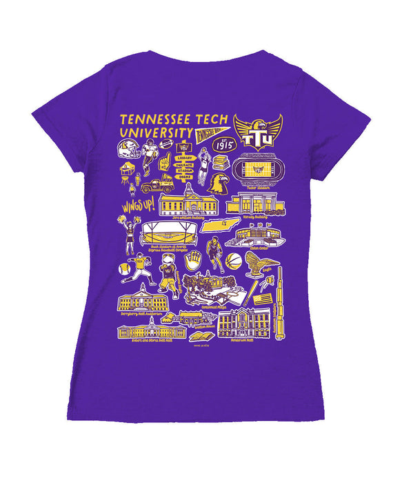 Tennessee Tech Golden Eagles Hand Sketched Vive La Fete Impressions Artwork Purple Women Cotton Short Sleeve V-Neck Tshi