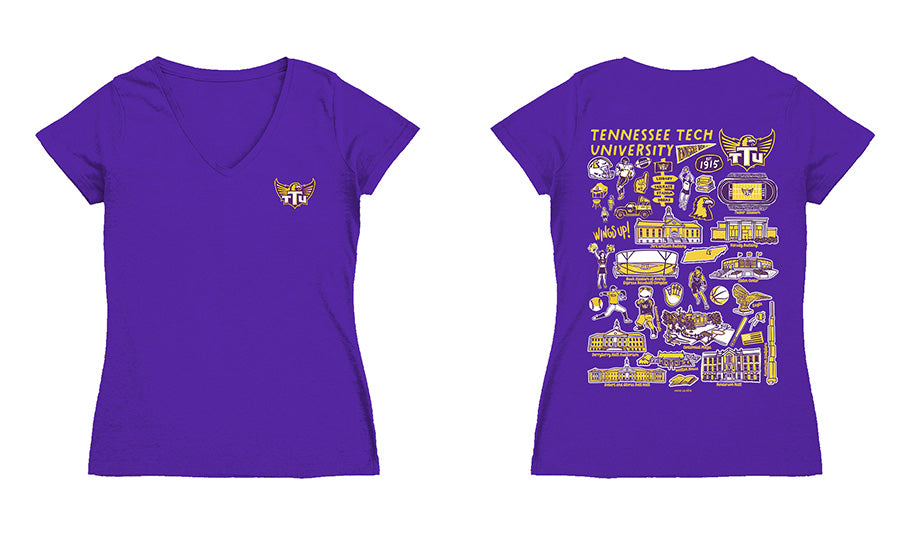 Tennessee Tech Golden Eagles Hand Sketched Vive La Fete Impressions Artwork Purple Women Cotton Short Sleeve V-Neck Tshi
