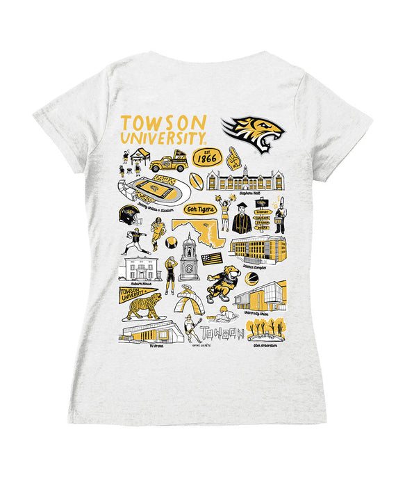 Towson University Tigers TU Hand Sketched Vive La Fete Impressions Artwork Black Women Cotton Short Sleeve V-Neck Tshirt