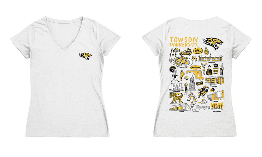 Towson University Tigers TU Hand Sketched Vive La Fete Impressions Artwork Black Women Cotton Short Sleeve V-Neck Tshirt