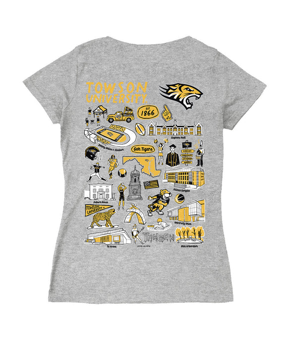 Towson University Tigers TU Hand Sketched Vive La Fete Impressions Artwork Black Women Cotton Short Sleeve V-Neck Tshirt