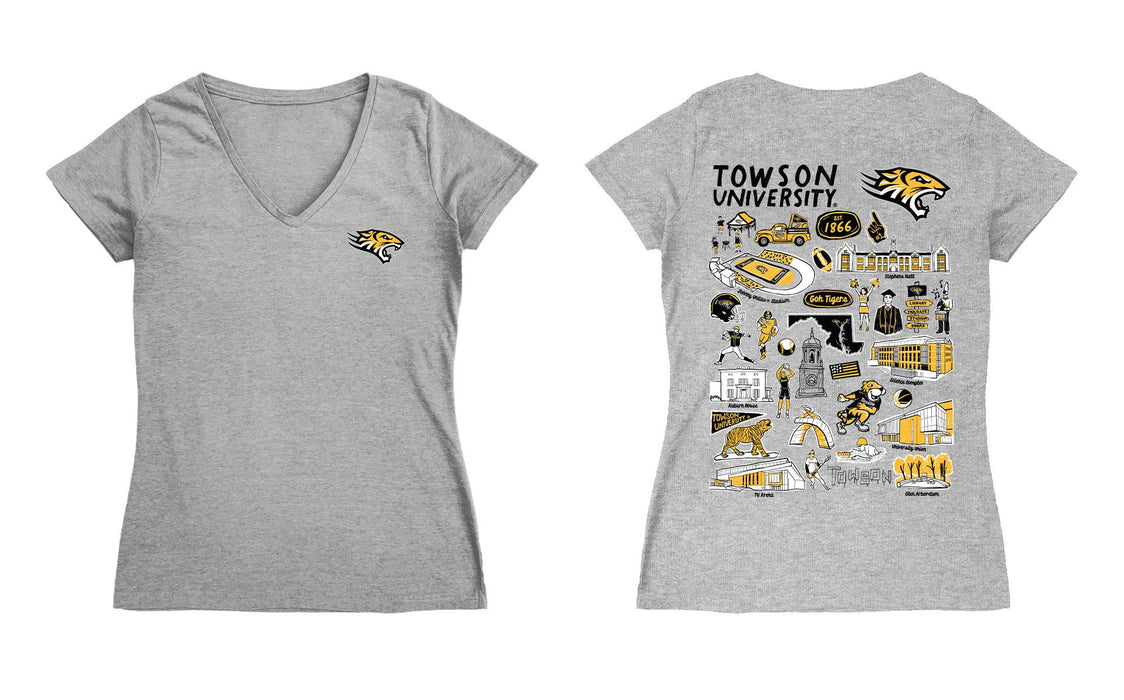 Towson University Tigers TU Hand Sketched Vive La Fete Impressions Artwork Black Women Cotton Short Sleeve V-Neck Tshirt