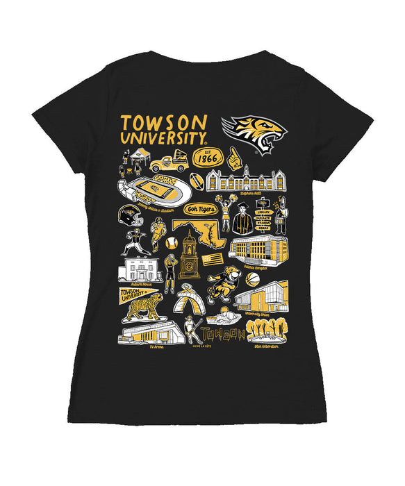 Towson University Tigers TU Hand Sketched Vive La Fete Impressions Artwork Black Women Cotton Short Sleeve V-Neck Tshirt