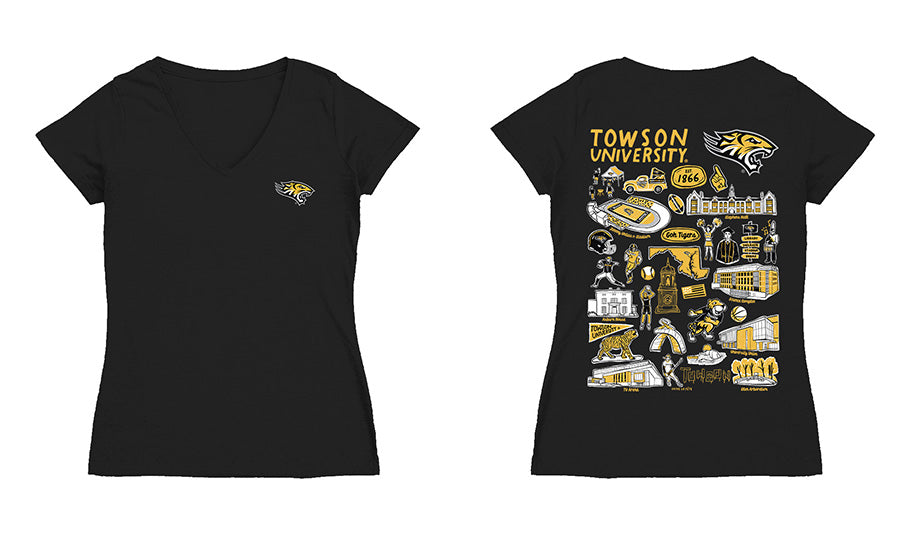 Towson University Tigers TU Hand Sketched Vive La Fete Impressions Artwork Black Women Cotton Short Sleeve V-Neck Tshirt