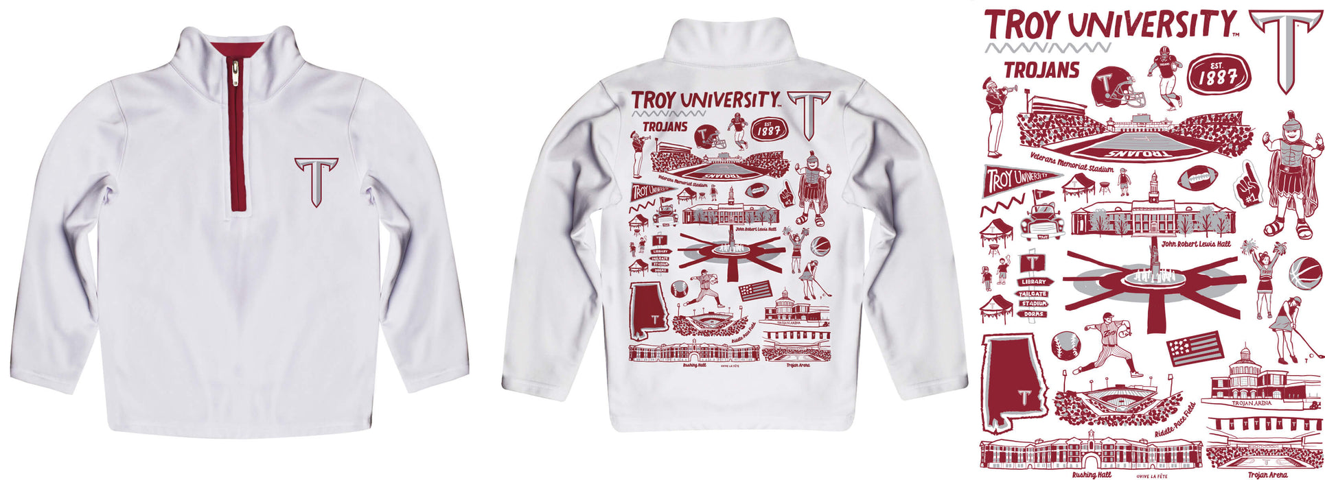 Troy Trojans Hand Sketched Vive La Fete Impressions Artwork White Boys Quarter Zip Pullover V1 - Vive La Fête - Online Apparel Store