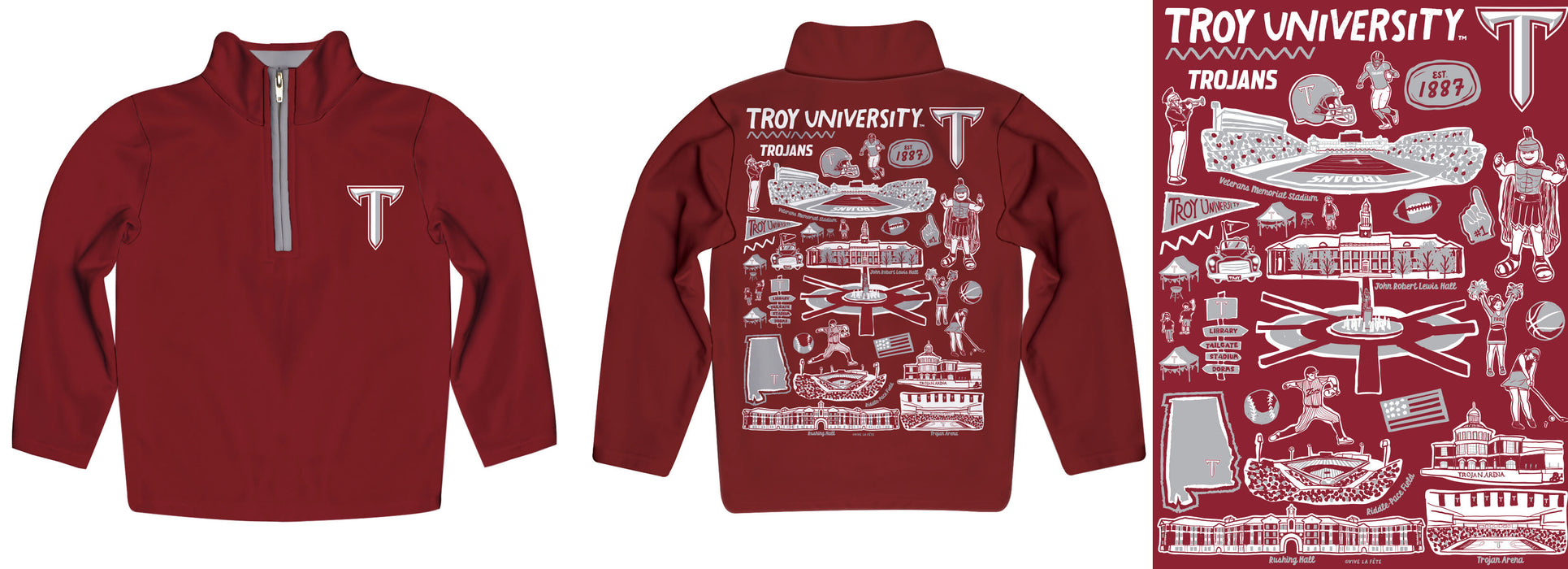 Troy Trojans Hand Sketched Vive La Fete Impressions Artwork Maroon Boys Quarter Zip Pullover V1 - Vive La Fête - Online Apparel Store