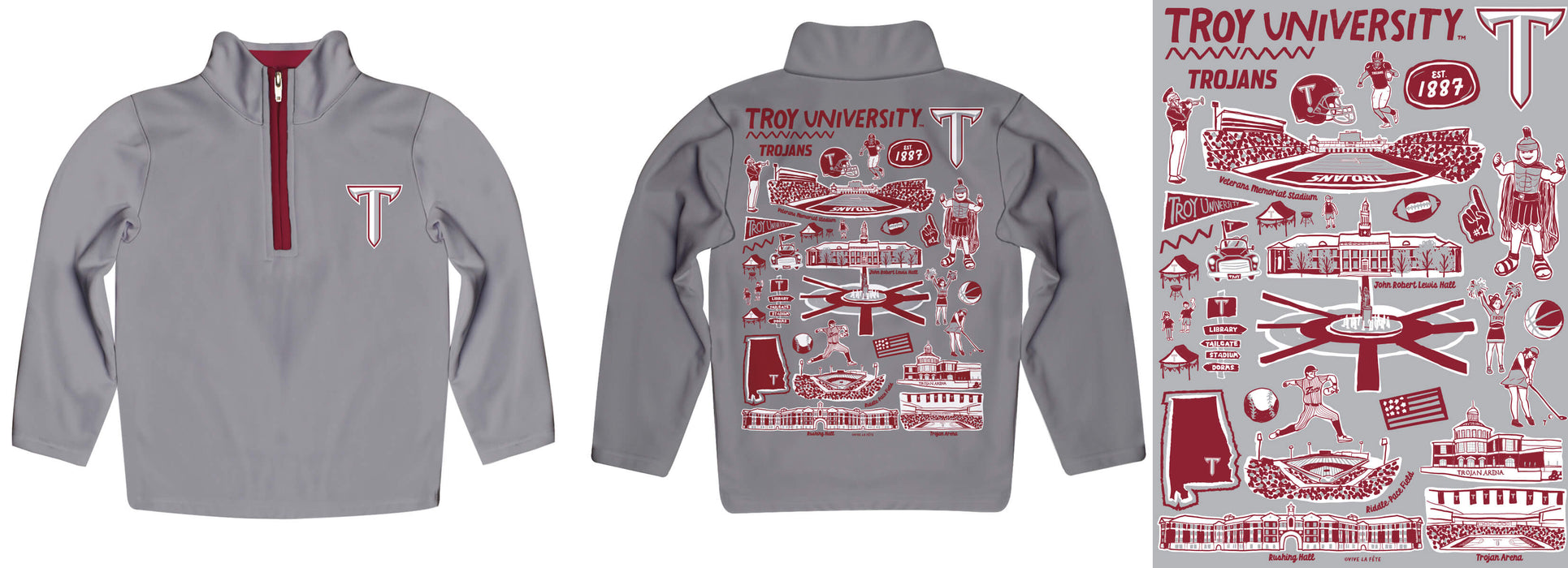 Troy Trojans Hand Sketched Vive La Fete Impressions Artwork Gray Boys Quarter Zip Pullover V1 - Vive La Fête - Online Apparel Store