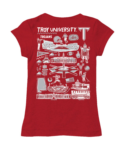 Troy Trojans Hand Sketched Vive La Fete Impressions Artwork Red Girls Cotton Short Sleeve Tee - Vive La Fête - Online Apparel Store