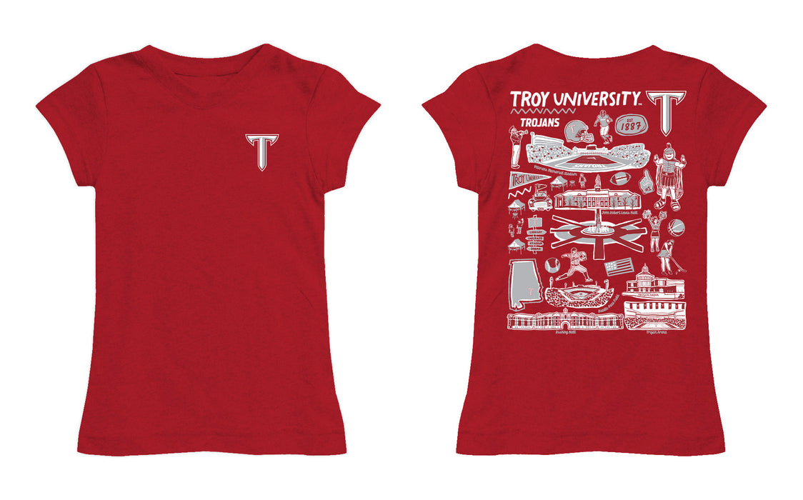Troy Trojans Hand Sketched Vive La Fete Impressions Artwork Red Girls Cotton Short Sleeve Tee - Vive La Fête - Online Apparel Store