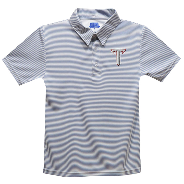 Troy Trojans Embroidered Gray Stripes Short Sleeve Polo Box Shirt