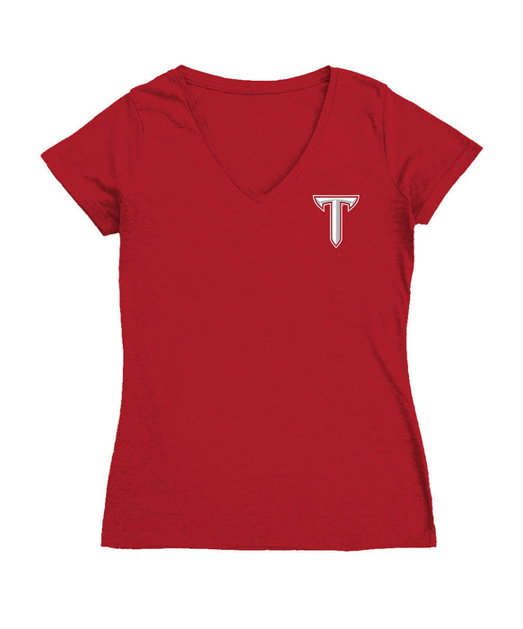 Troy Trojans Hand Sketched Vive La Fete Impressions Artwork Red Women Cotton Short Sleeve V-Neck Tshirt
